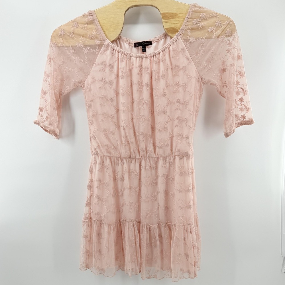 HeartSoul Dress Womens Large Pink Mesh Embroidered Floral Sheer Sleeve Ruffle - Picture 2 of 9
